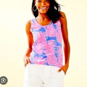 Lilly Pulitzer Merrill Top Blue Haven Little Flamenco Pink Pineapple Sz S NWT